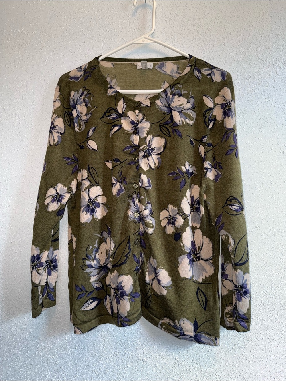 Garnet Hill Olive Floral Long-Sleeve Button Top